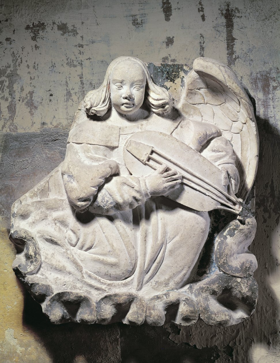 Ängelmusiker spelar ett stränginstrument (basrelief) av French School