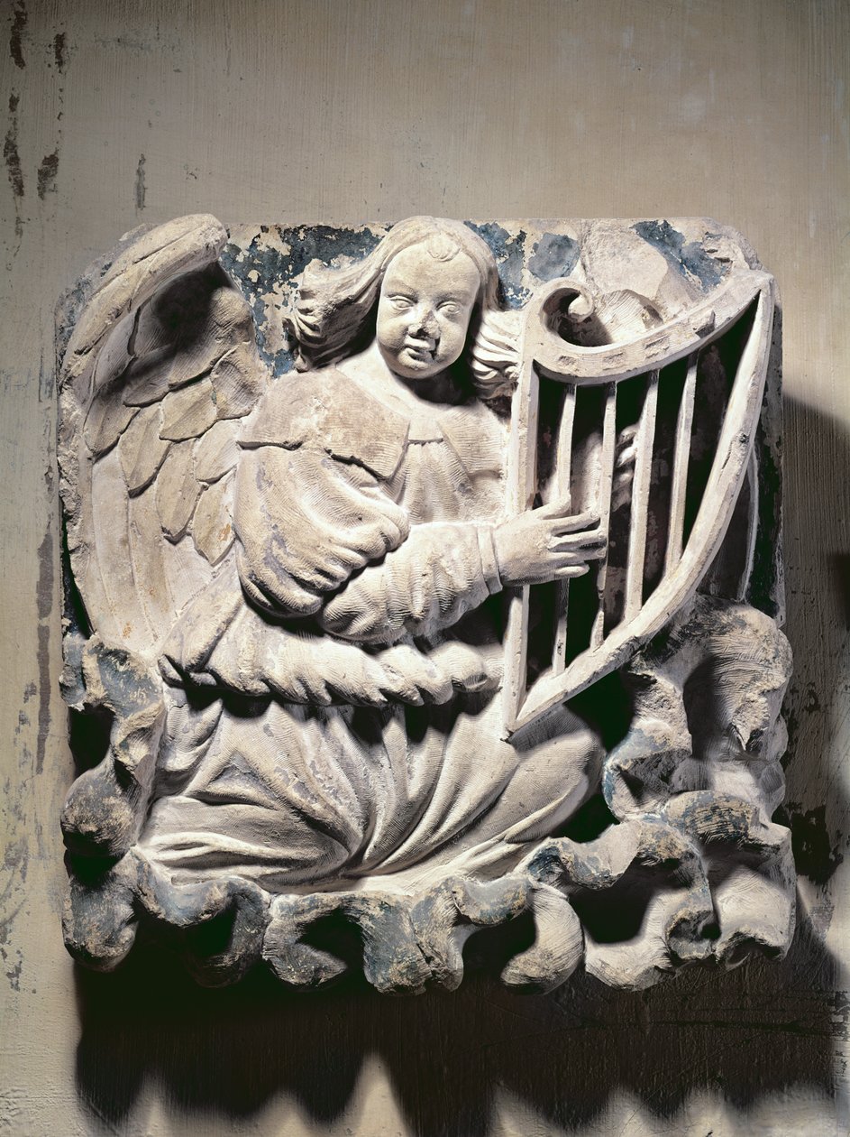 Ängelmusiker som spelar harpan (basrelief) av French School