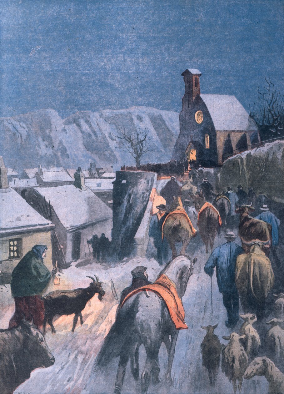 Animal Christmas in the Cevennes, illustration från Le Petit Parisien, 27 december 1908 av French School