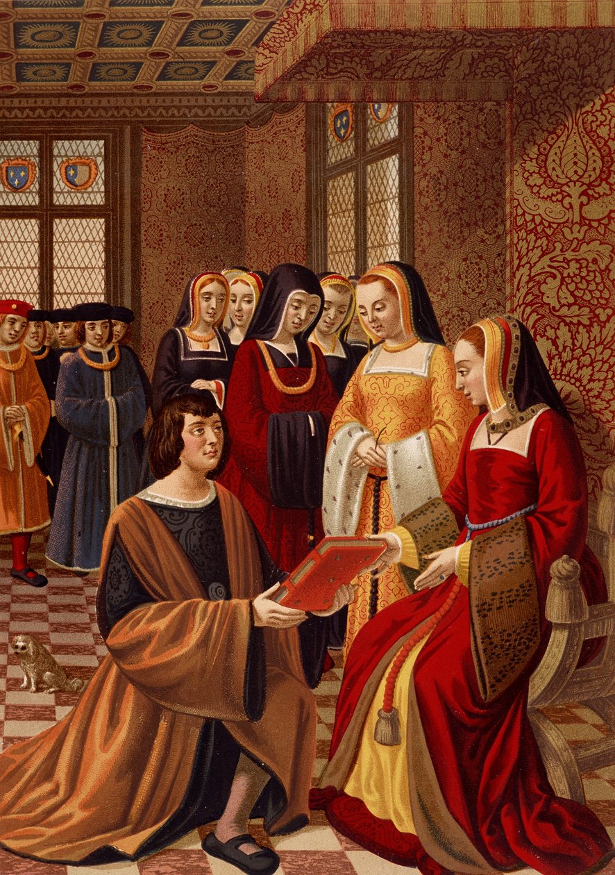 Anne av Bretagne (1477-1514) omgiven av sina hedersdamer. Kromolitografi efter en 1500-talsminiatyr. Library of Arts Deco, Paris av French School
