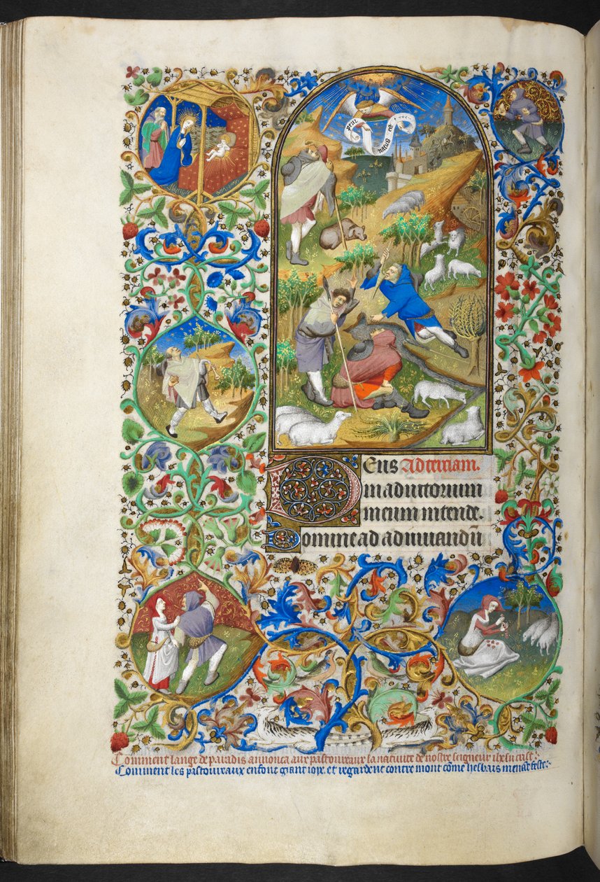 Tillkännagivande till herdarna, lägg till Ms 18850 f.70v Book of Hours (The Bedford Hours) c.1410-30 (bläck, färg & guld på veläng) av French School