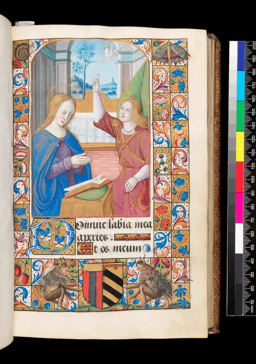 Bebådelsen från Timboken, MS 92 f.27r, Västra Frankrike av French School