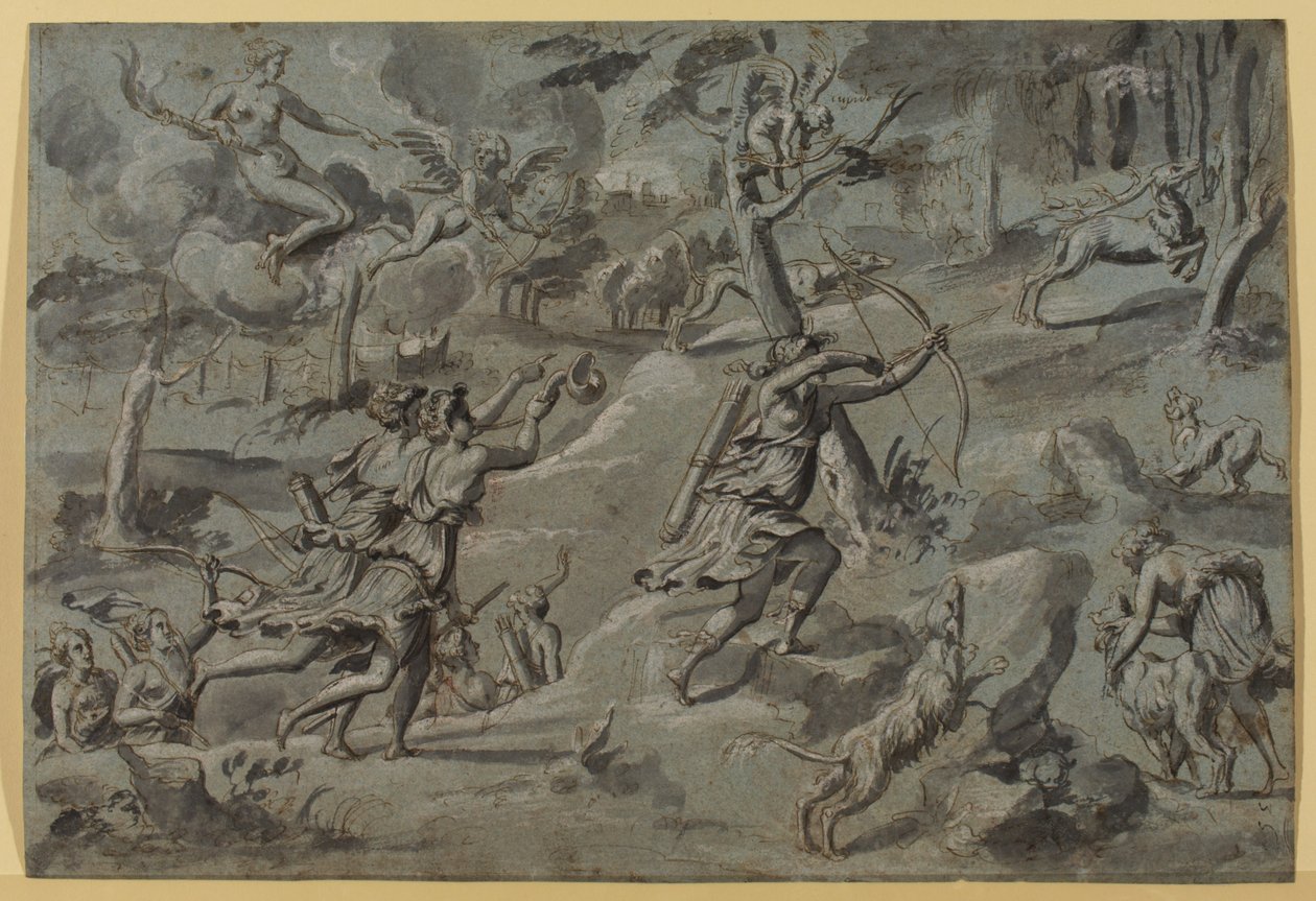 Anonym efter Dianas tapestrymästare, Diane, på jakt med sina följeslagare, måltavla av Amour bågskytt, ca. 1590-1600, gråtvätt av French School