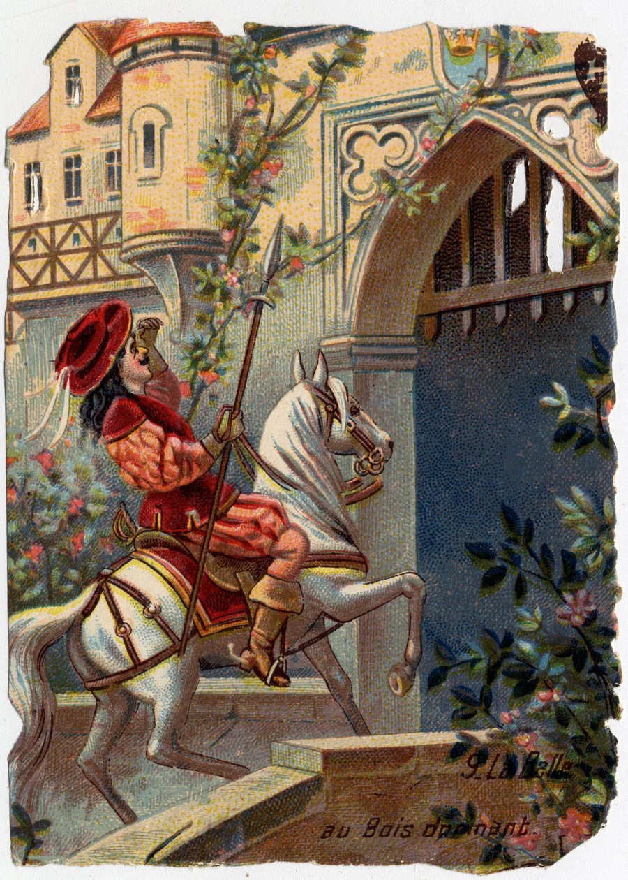 Anonym illustration till "La belle au bois dormant", berättelse av Charles Perrault (1628-1703), fransk författare: "Efter hundra år nådde prinsen slottets port..."" Kromolitografi. av French School