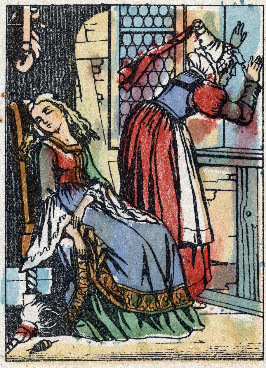 Anonym illustration för "La belle au bois dormant", berättelse av Charles Perrault (1628-1703), fransk författare. Trästick av Imaging Pellerin - Epinal, sd. Sent 1800-tal. av French School