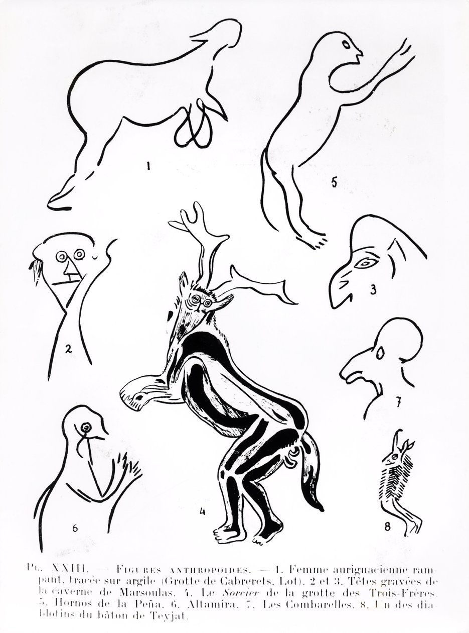 Antropoida figurer i förhistoriska grottor, från Les Artistes Prehistoriques av Morin-Jean, 1933 av French School