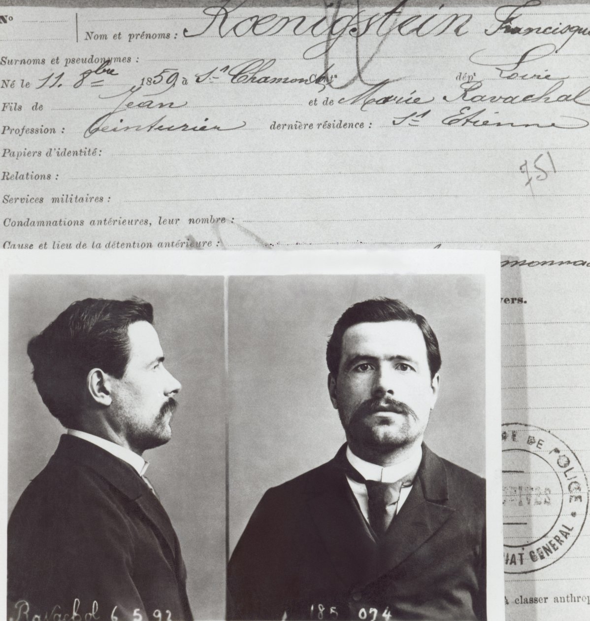 Antropometrisk form av Francois Claudius Koenigstein, så kallad Ravachol (1859-92), av French School