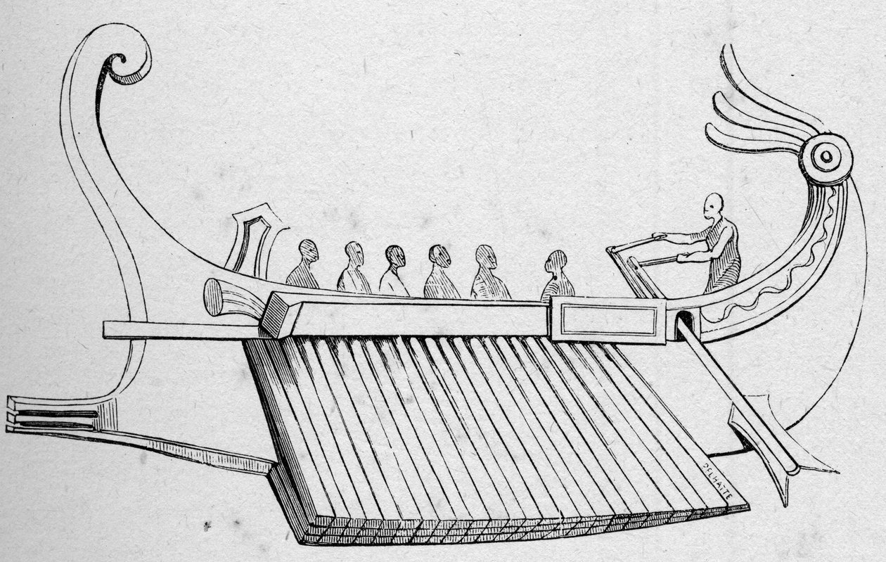 Antique Galere har tre rader åror. Gravyr i "La Marine et les colonies: handel" av French School