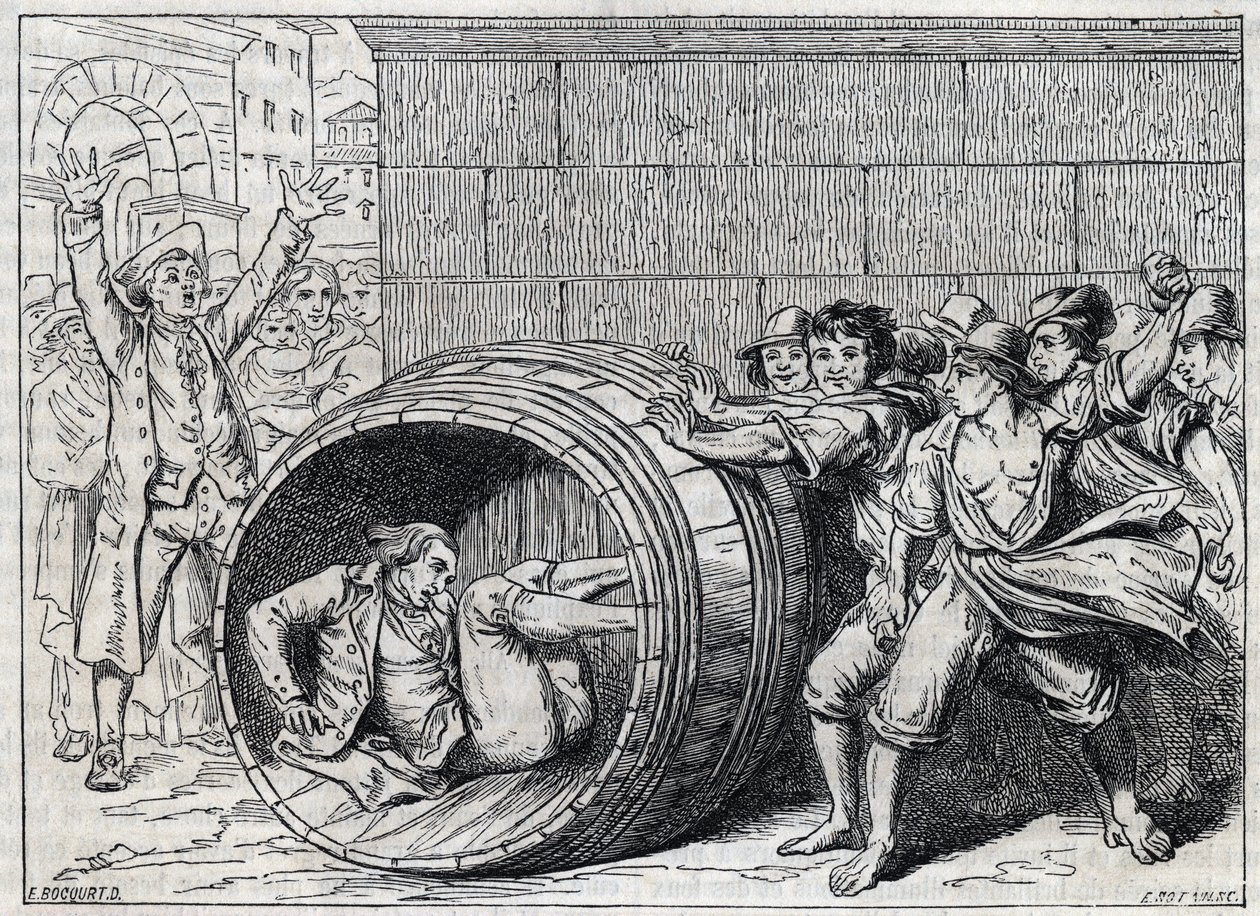 Antisemitförföljelse på 1600-talet: en jude rullar i en tunna av invånare i Rom. Illustration av "" Meo Patacca", dikt av Giuseppe Berneri (1637-1700). Gravyr av Bocourt. av French School