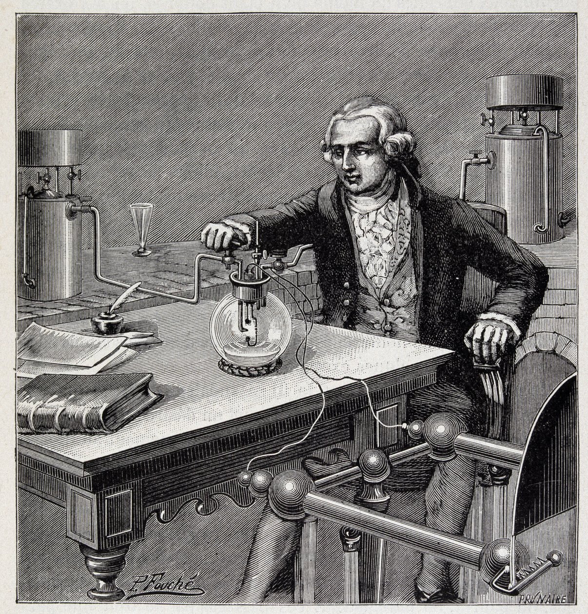 Antoine Laurent de Lavoisier (1743-1794) leder ett experiment - i ""Popular Physics" av Emile Desbeaux av French School