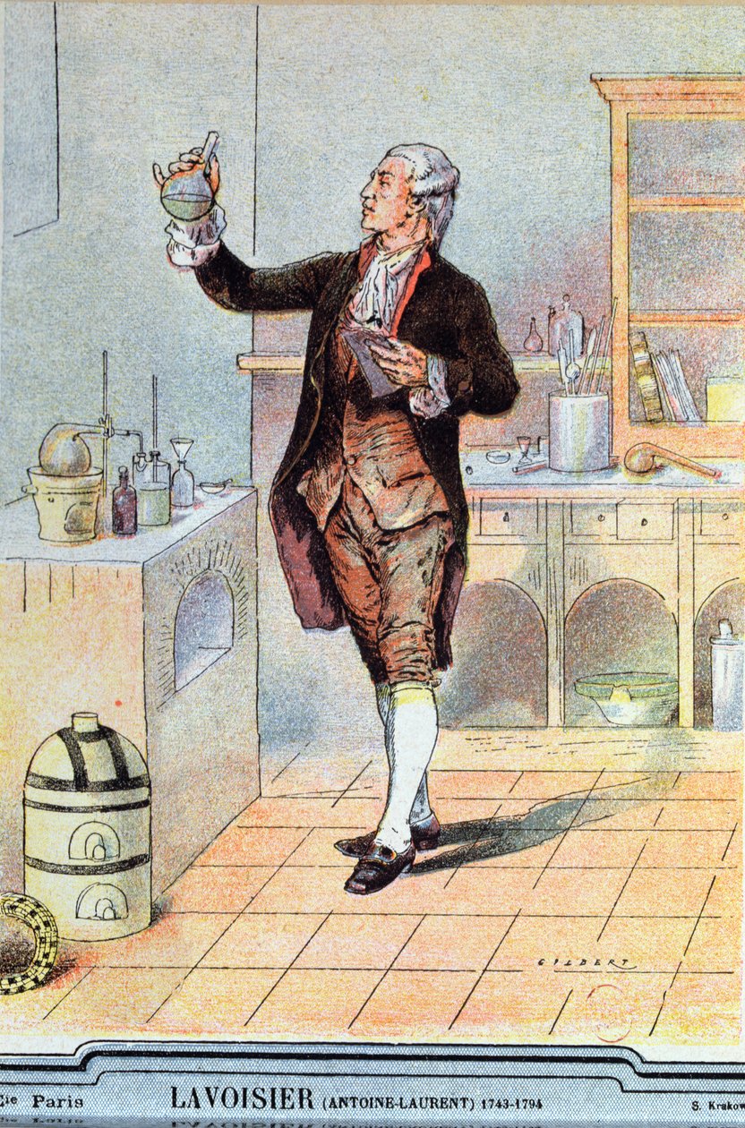 Antoine Laurent de Lavoisier (1743-94) illustration från en skolbok, ca 1900 av French School