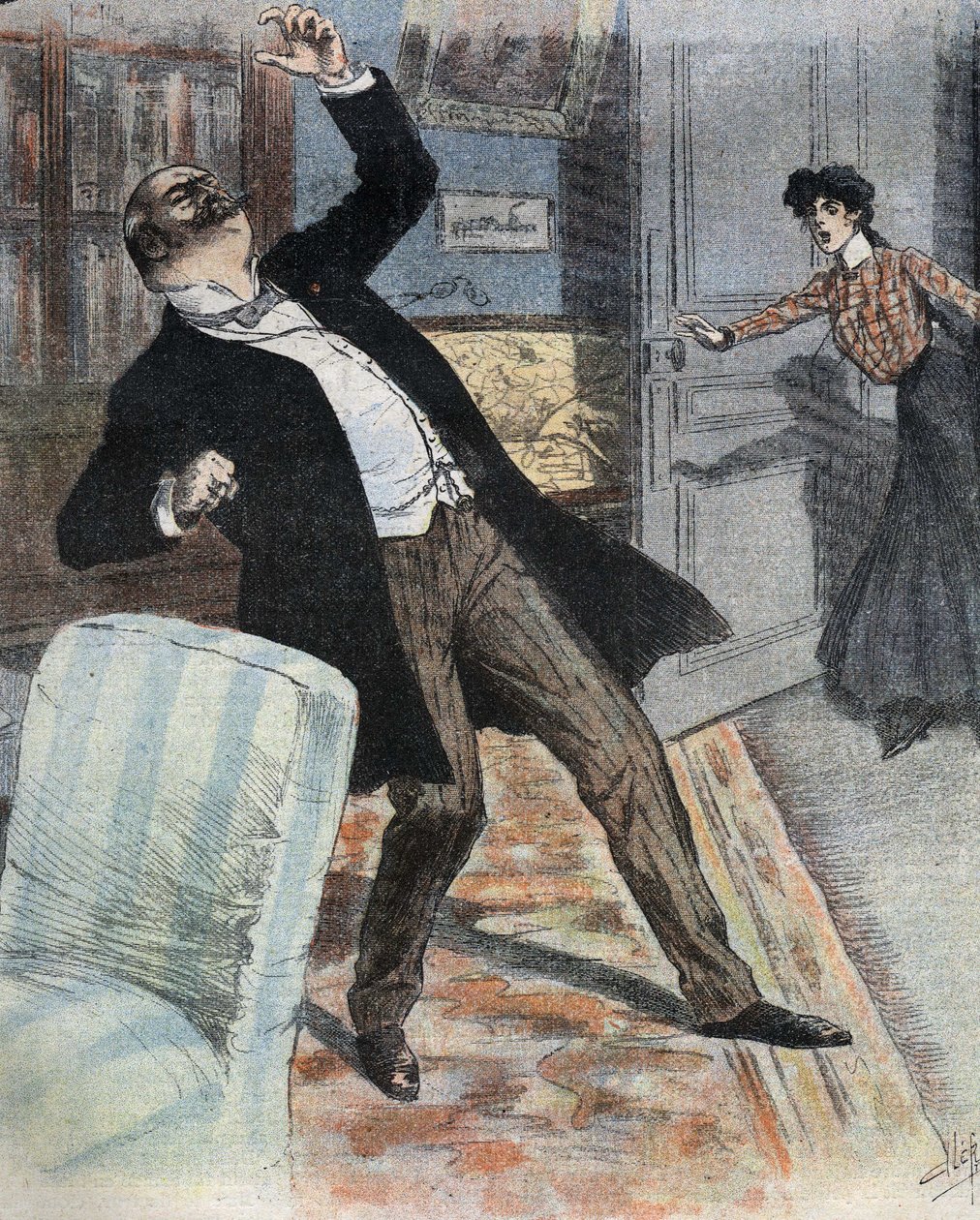 Apoplexiattack (plötsligt upphörande av hjärnaktivitet på grund av en olycka med blodcirkulationen i hjärnan). Illustration av slutet av 1800-talet för romanen "" gogosse"" av Max Villemer. av French School