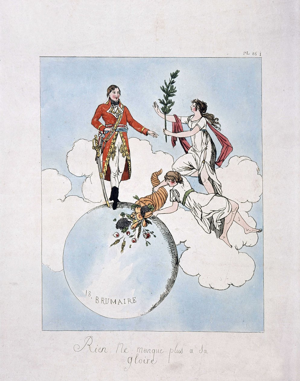 Apoteos av Napoleon-Bonaparte under statskuppen den 18 brumaire år VIII (9.11.1799). (nymfer som presenterar honom lager och överflödshorn) av French School