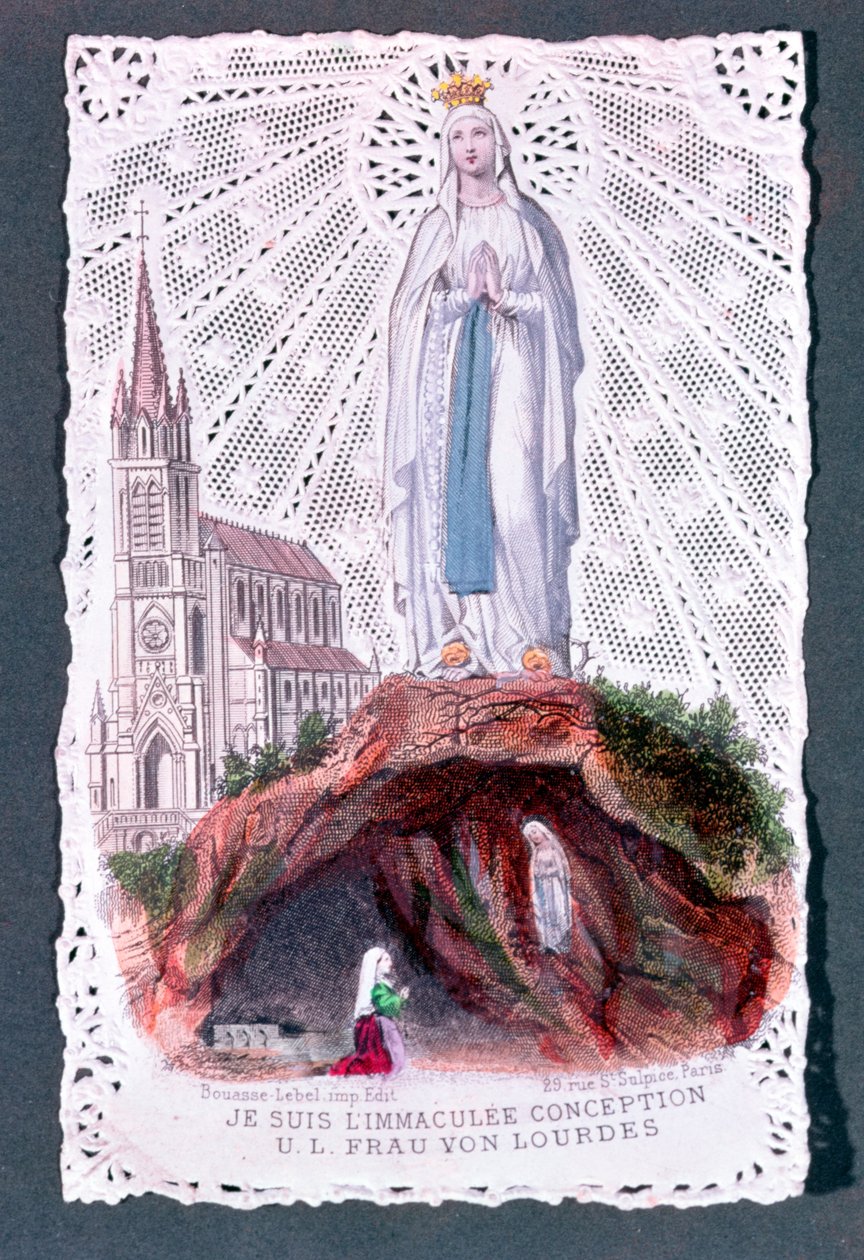 Uppenbarelse av Our Lady of Lourdes, graverad av Bouasse-Lebel, c.1867 (färggravyr på spetspapper) av French School