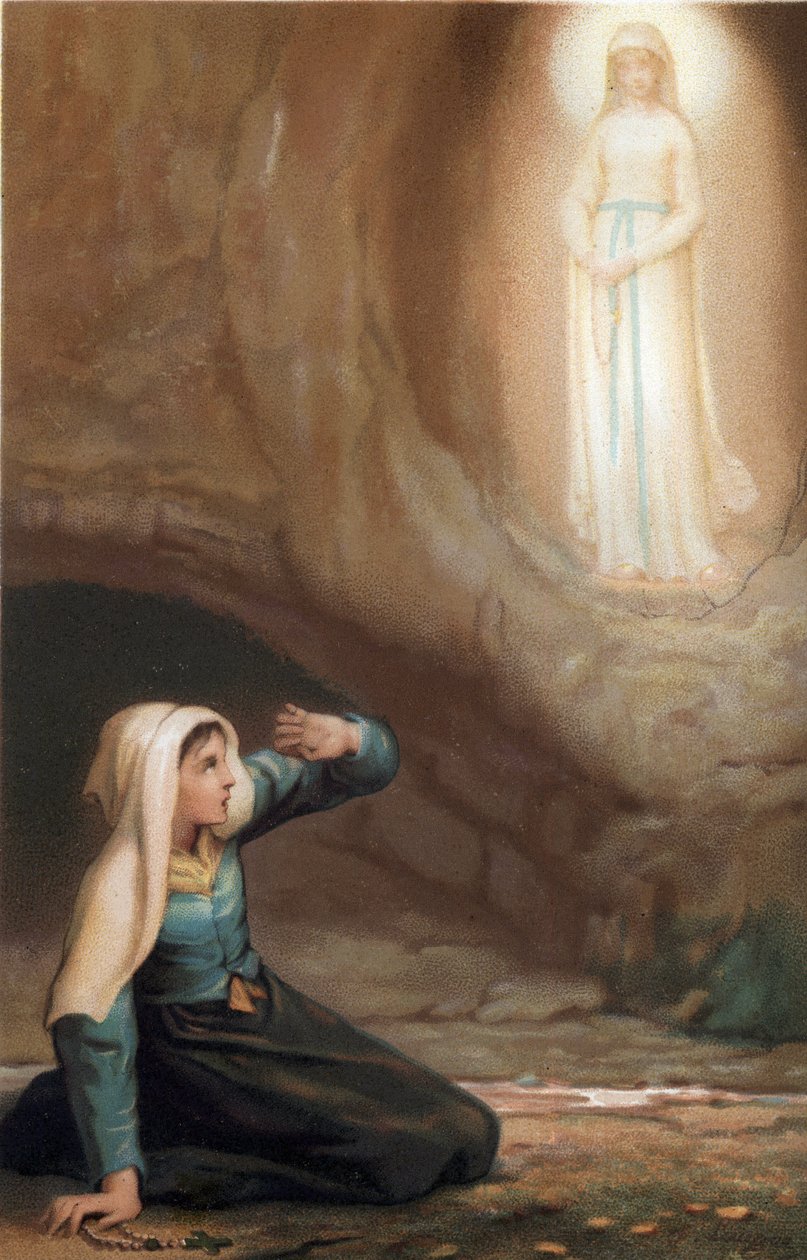 Jungfru Marias utseende för Bernadette Soubirous (1844-1879) i grottan i Lourdes, Hautes Pyrenees (65) av French School