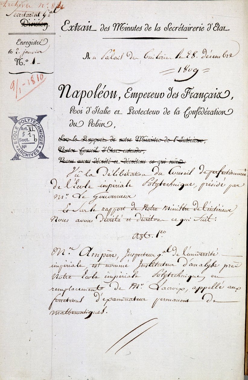 Utnämning av Napoleon av André Marie Ampère till inspektör för Polytechnique - Obligatoriskt omnämnande: Archives of the Bibl. från Ecole Polytechnique av French School