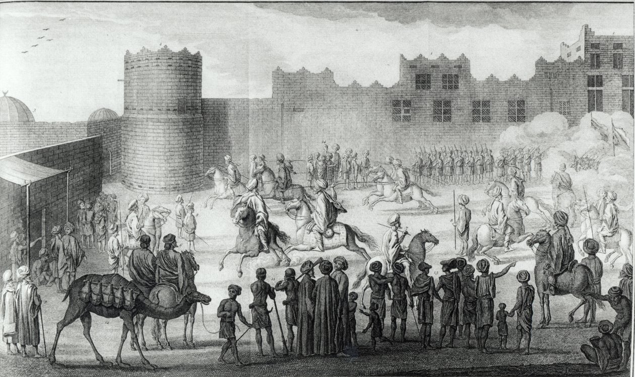 Arab Fighters Exercising in Yemen, från Description of Arabia säkerställde egna observationer och åsikter samlade på samma platser av Carsten Niebuhr, publicerad 1774 av French School