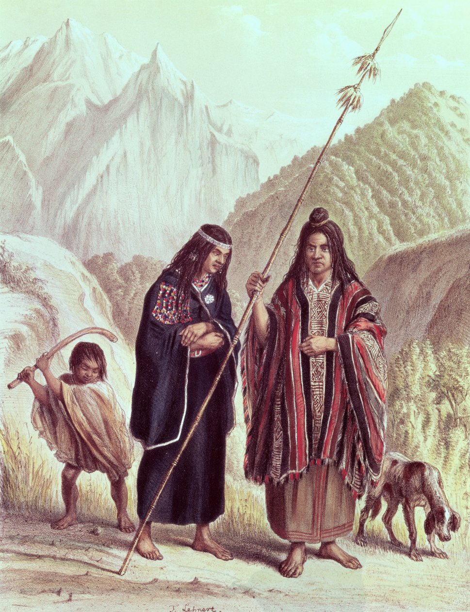 Araukanska indianer, illustration från "Historia de Chile" av Claudio Gay, graverad av F. Lehnert. av French School