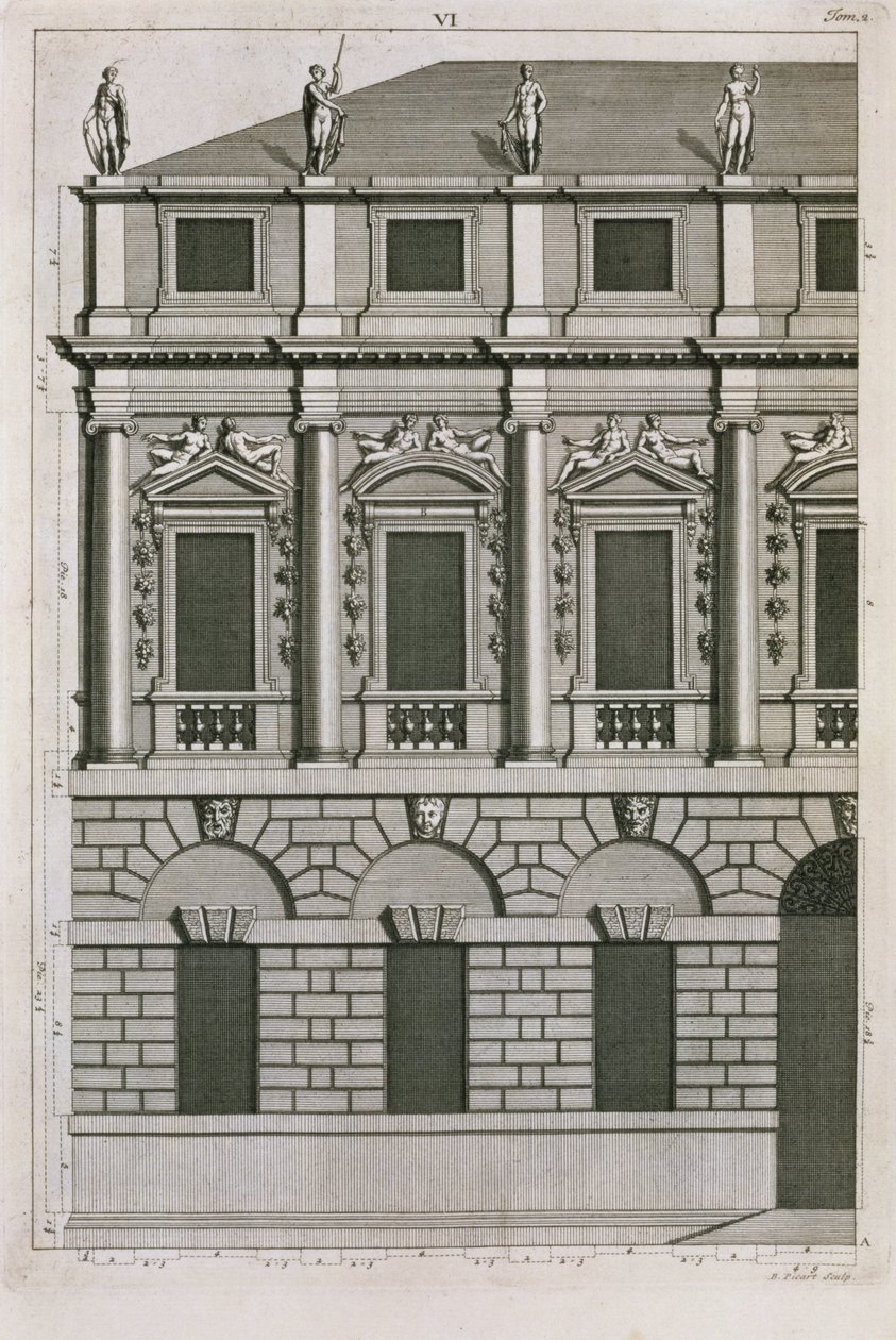 Arkitektonisk design som visar palladianska proportioner, graverad av Bernard Picart (1673-1733) c.1716 av French School