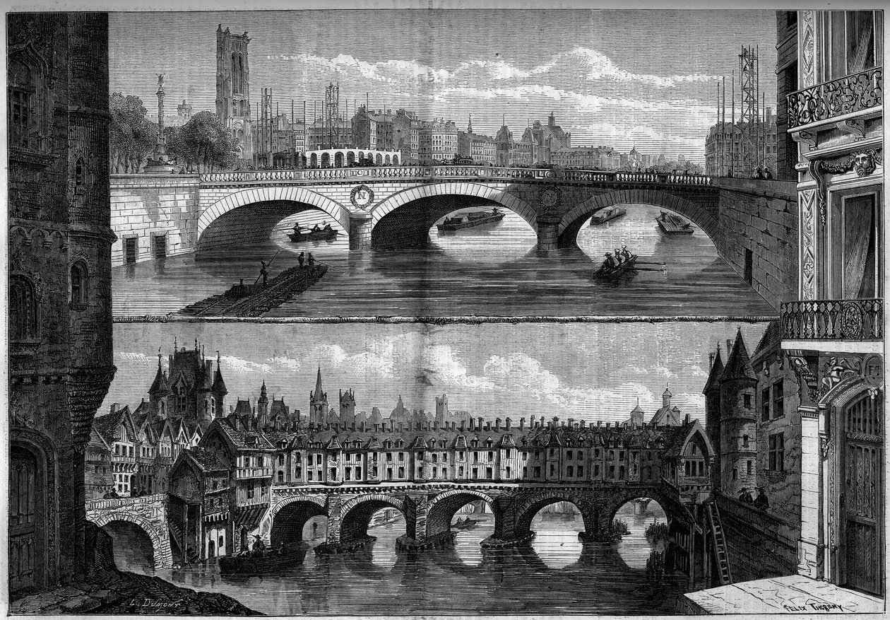 Arkitektur, Paris: utsikt över den gamla bron au Change (1639-1647) 1660 och den nya bron byggd 1860. Gravyr i "" Le Monde Illustré"" nr 184 av 20 oktober 1860. av French School