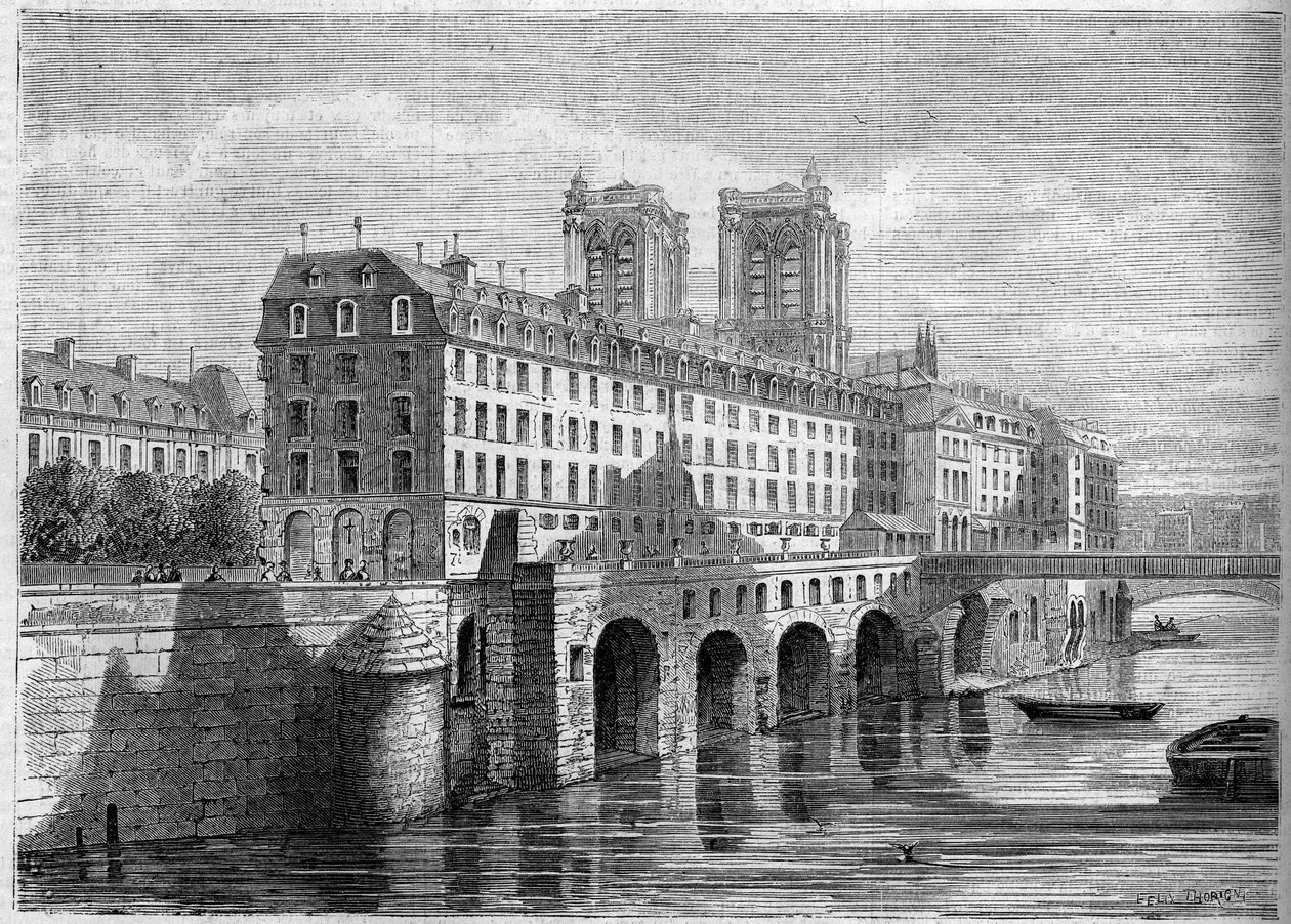 Arkitektur: exteriör vy av Hotel Dieu på Ile de la Cite i Paris, innan dess rivning. Vy tagen från Quai de la Tournelle 1859. Gravyr i "" Le Monde Illustré"" nr 136 den 19 november 1859. av French School