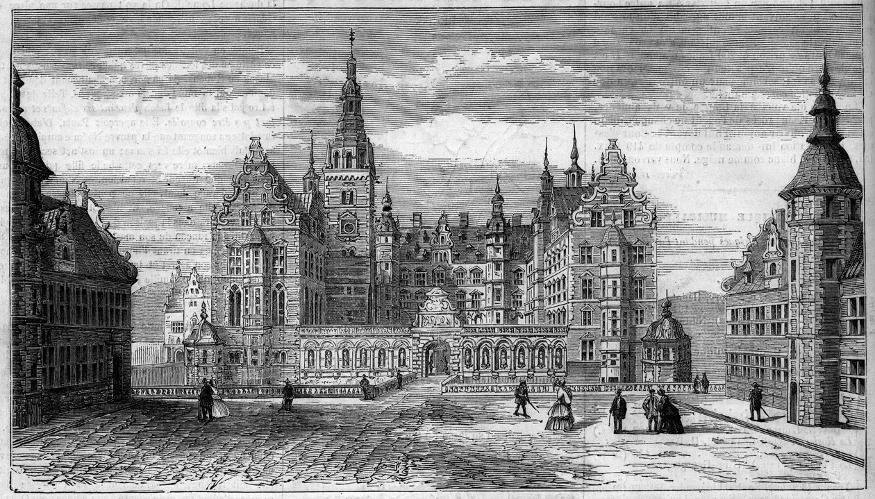 Arkitektur: yttre vy av slottet Frederiksborg (cirka 1625) i Danmark av French School