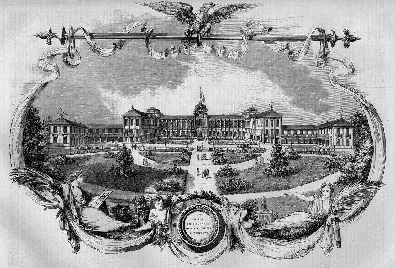 Arkitektur: fasaden på sjukhuset känt som "Imperial Asylum of Vincennes" för konvalescentarbetare som invigdes 1857. Idag kallas det "National Hospital of Saint Maurice", Saint Maurice (94). Gravyr i "" Le Monde Illustré"" nr 20 av 29 augusti 1 av French School