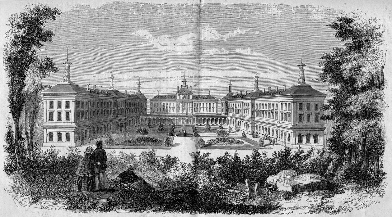 Arkitektur: allmän bild av militärsjukhuset i Vincennes (1858). Gravyr i "" Le Monde Illustré"" nr 61 av 12 juni 1858. av French School