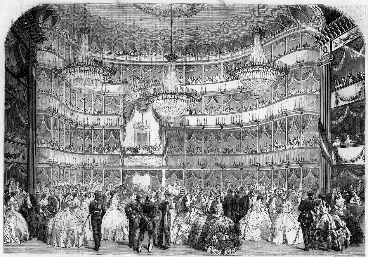 Arkitektur: invändig utsikt över den kungliga teatern (1800-talet) i Nice (Alpes Maritimes, 06), 1858, under välgörenhetsbalen som ges av Societe francaise d