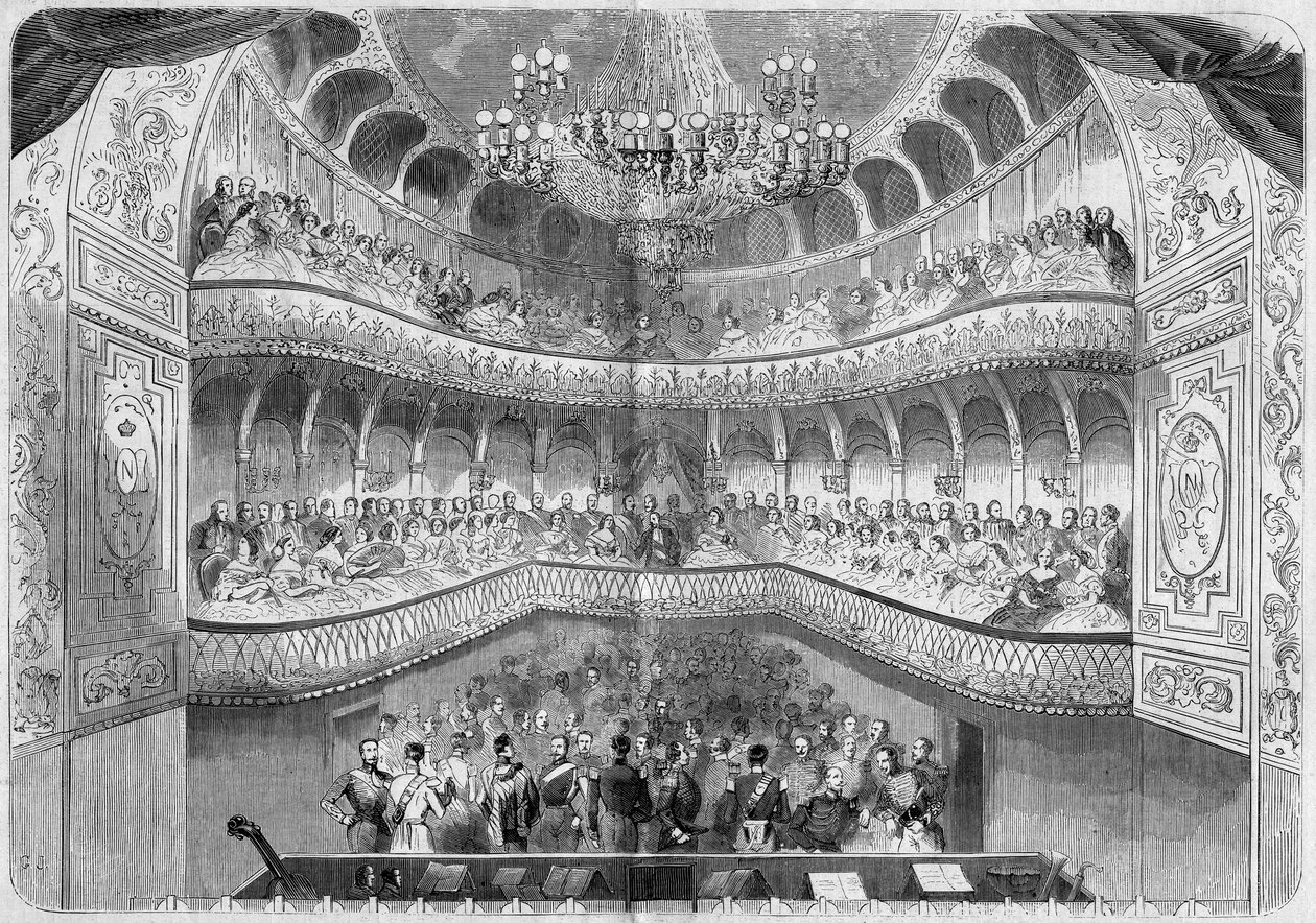 Arkitektur: invändig utsikt över teatern (1700-talet) i slottet Fontainebleau. Gravyr i "" Le Monde Illustré"" nr 61 av 12 juni 1858. av French School