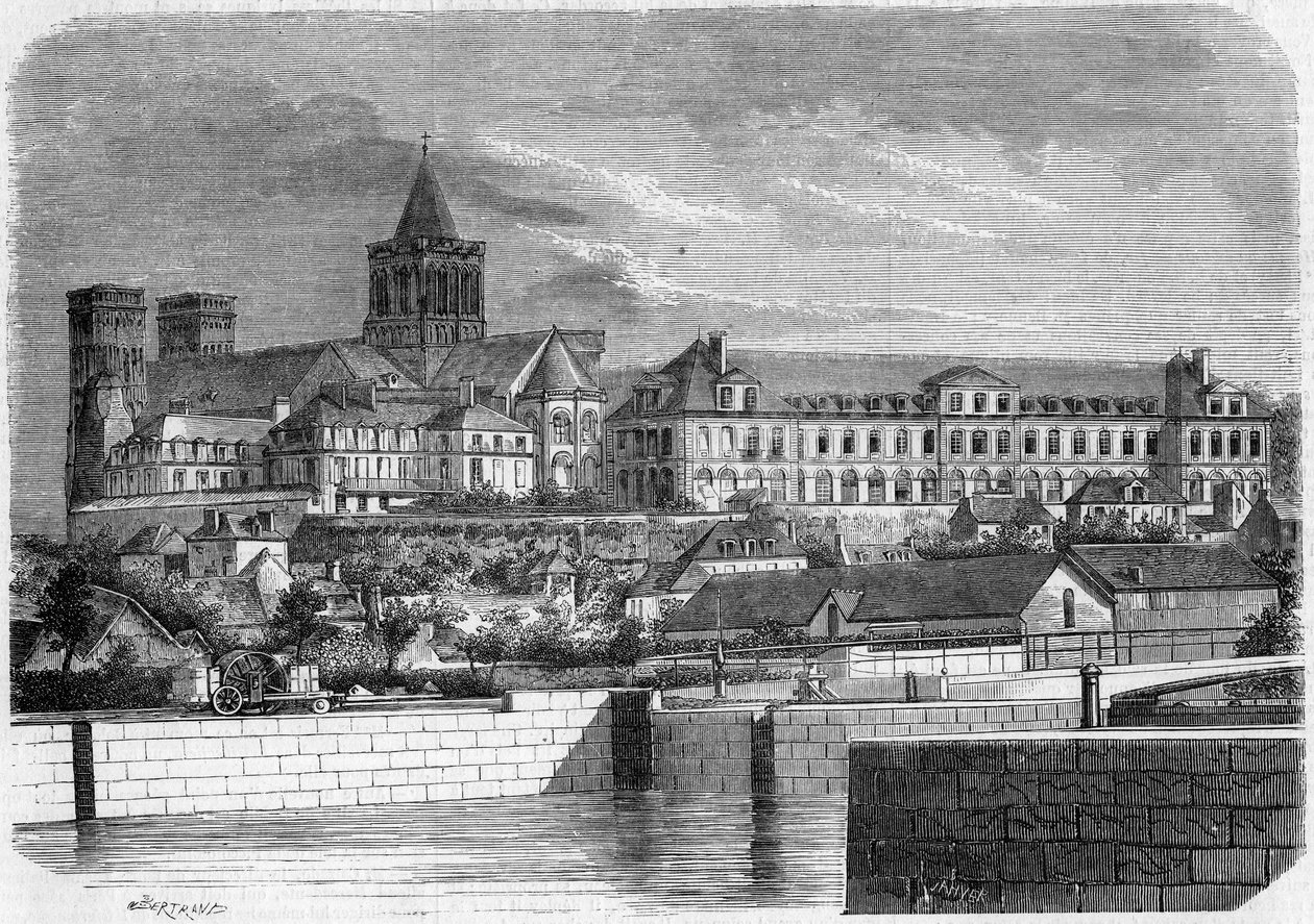 Arkitektur: utsikt över Abbey aux Dames (cirka 1060) och kyrkan av den heliga treenigheten (romansk stil). Caen, Calvados (14) av French School