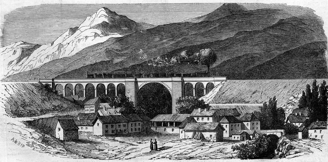 Arkitektur: utsikt över Bellegarde-viadukten (Rhone Alpes) på järnvägslinjen som förbinder Lyon med Genève. 1858. Gravyr i "" Le Monde Illustré"" nr 49 av 20 mars 1858. av French School