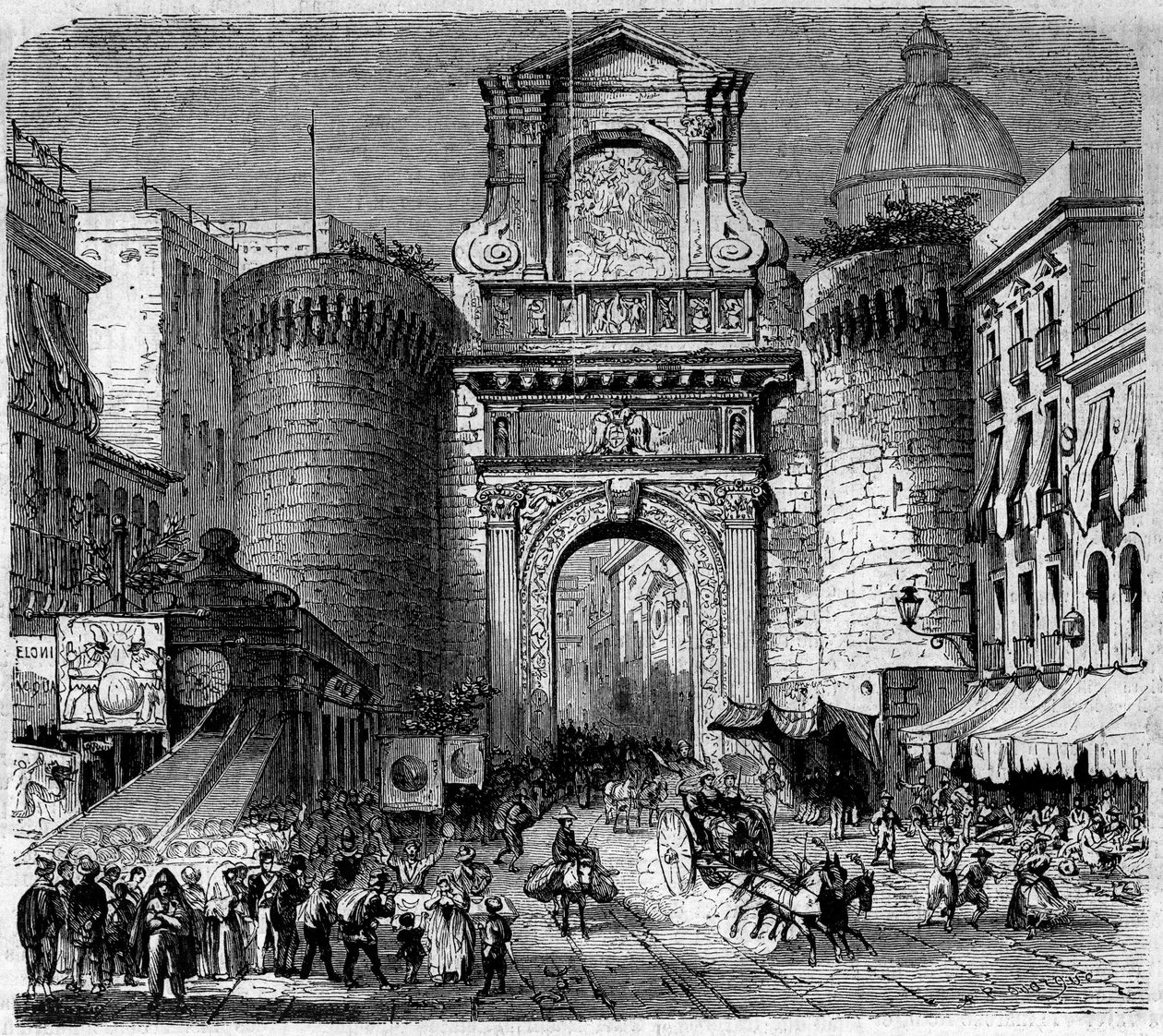 Arkitektur: utsikt över Porta Capuana (Porta Capuana) (1484) i Neapel, under inresan av trupperna från expeditionen av de tusen eller de röda skjortor Garibaldi 1860. Gravyr i "" Le Monde Illustré"" n°180 den 22 september 1860. av French School