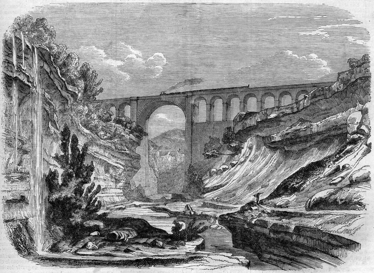 Arkitektur: utsikt över Valserine-viadukten (Rhone Alpes) på järnvägslinjen som förbinder Lyon med Genève. 1858. Gravyr i "" Le Monde Illustré"" nr 48 av 13 mars 1858. av French School