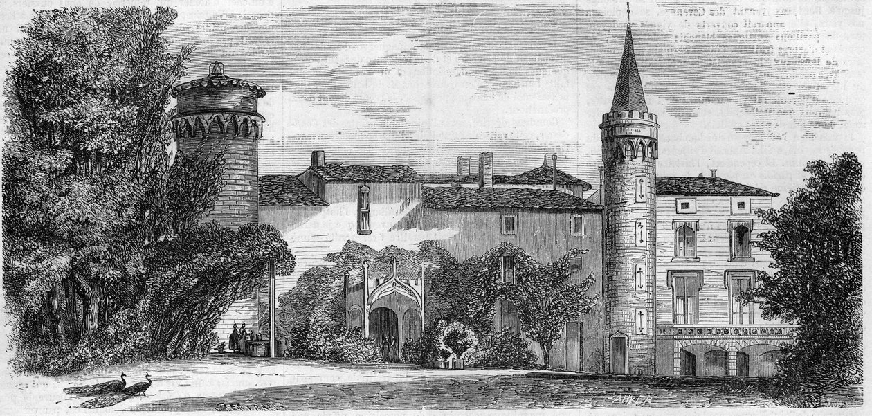 Arkitektur: utsikt över slottet Saint Point (Saint-Point) (1200-talet), residens för Alphonse de Lamartine. Saone och Loire (71). Gravyr i "" Le Monde Illustré"" nr 29 av 31 oktober 1857. av French School