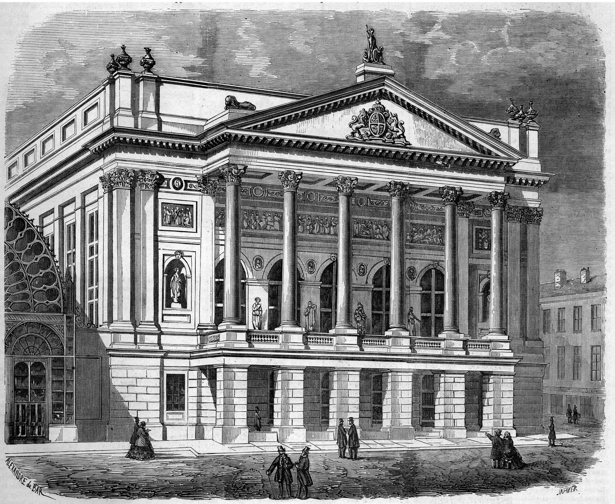 Arkitektur: vy av fasaden på den italienska teatern i London (England) 1858. Gravyr i "" Le Monde Illustré"" nr 38 den 2 januari av French School
