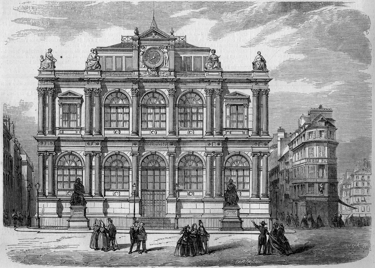 Arkitektur: utsikt över fasaden på Musee Bibliotheque (invigdes 1847) av staden Le Havre (Seine Maritime, 76). Gravyr i "" Le Monde Illustré"" nr 27 av 17 oktober 1857. av French School