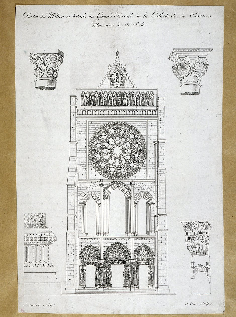 Arkitektur: utsikt över den stora portalen till Cathedrale de Chartres - Monument för 1100-talet 1800-talsplatta av French School