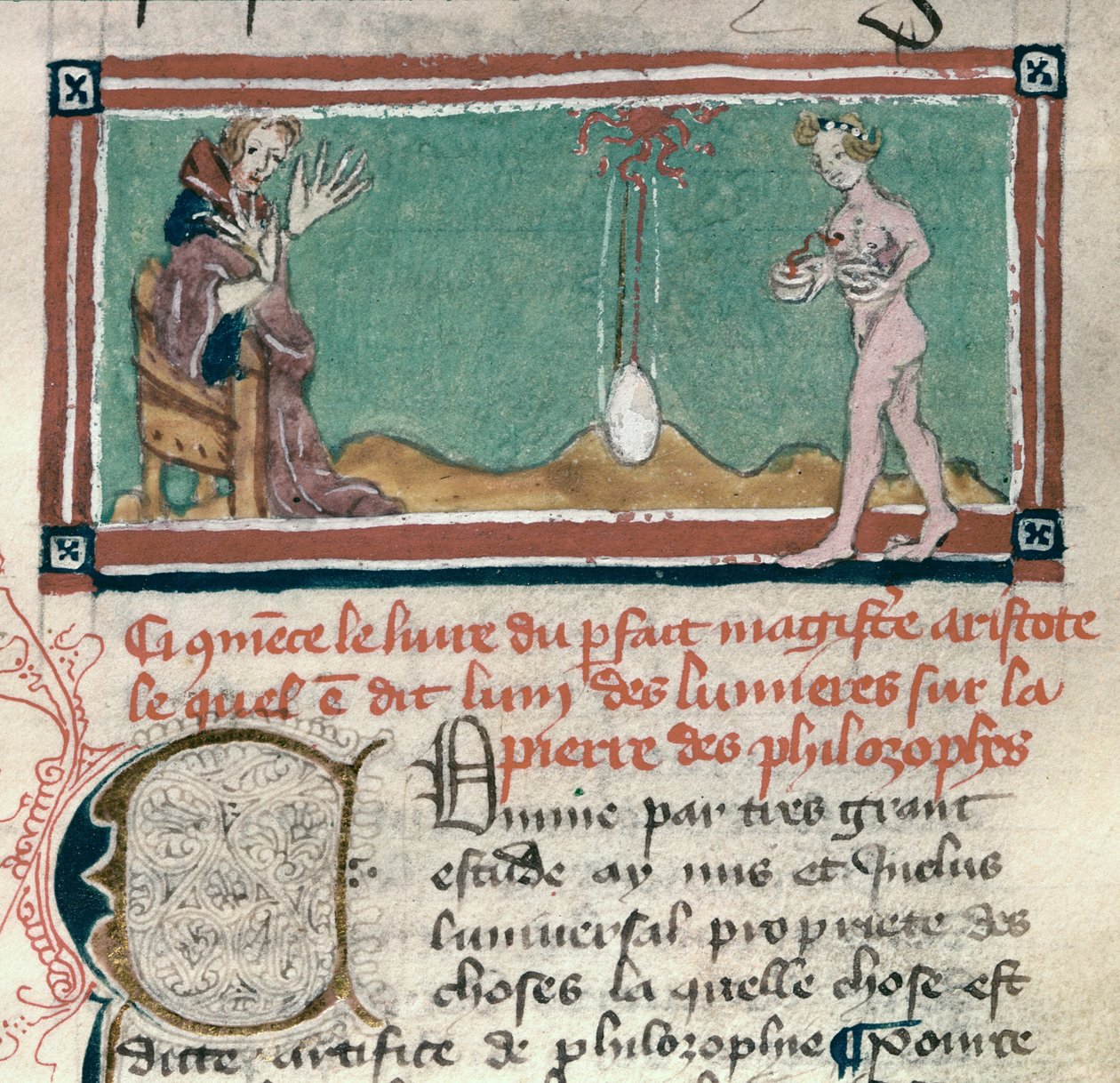Aristoteles (384-322 f.Kr.) och Filosofstenen, från en samling ockulta texter av French School