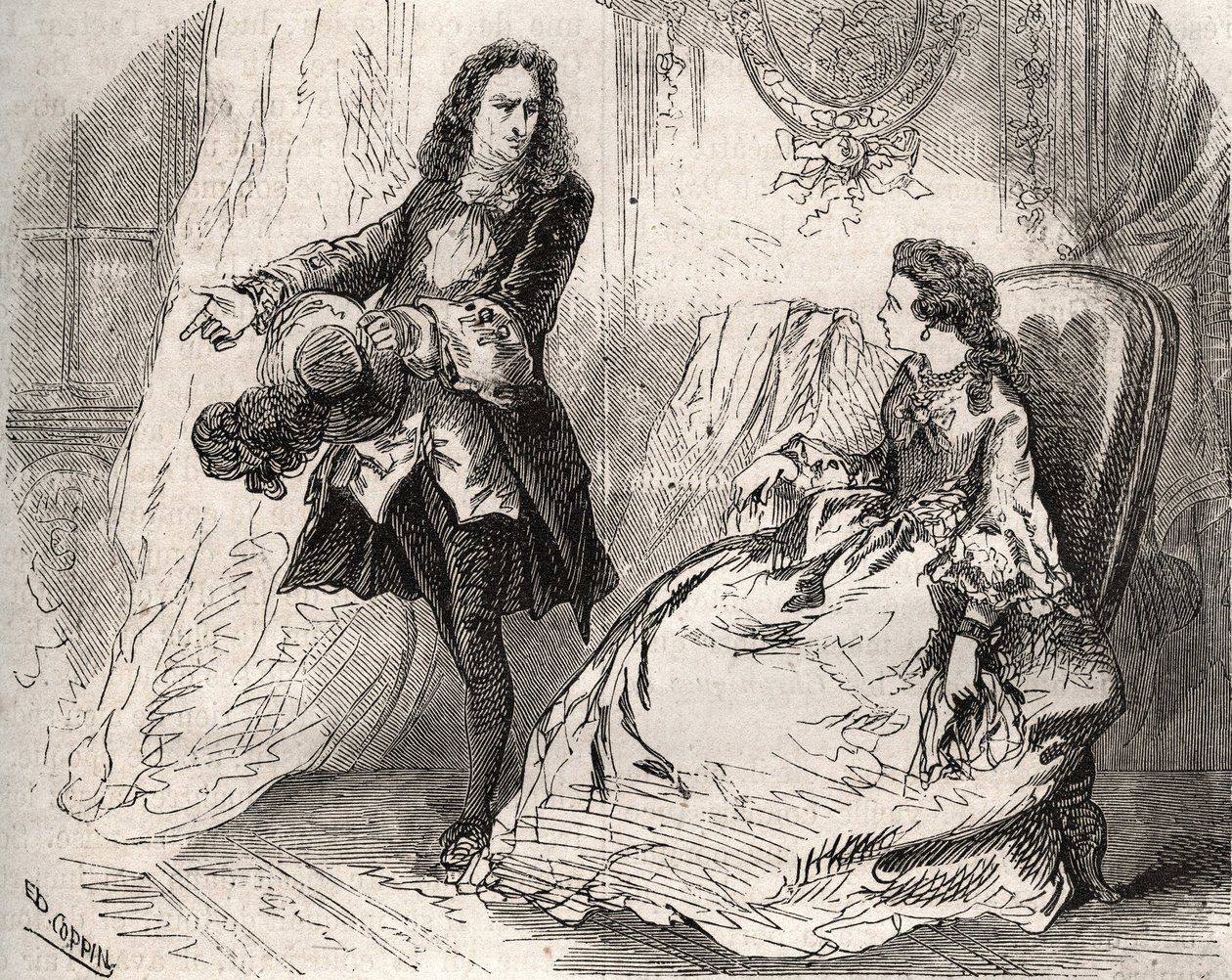 Armande Bejart (1641-1700), hustru till Jean Baptiste Poquelin dit Moliere (1622-1673) med sin älskare, greven av Guiche, gravyr från 1871 i "Histoire Des Cocus Celebres"" av Henry de Kock (1819-1892). av French School