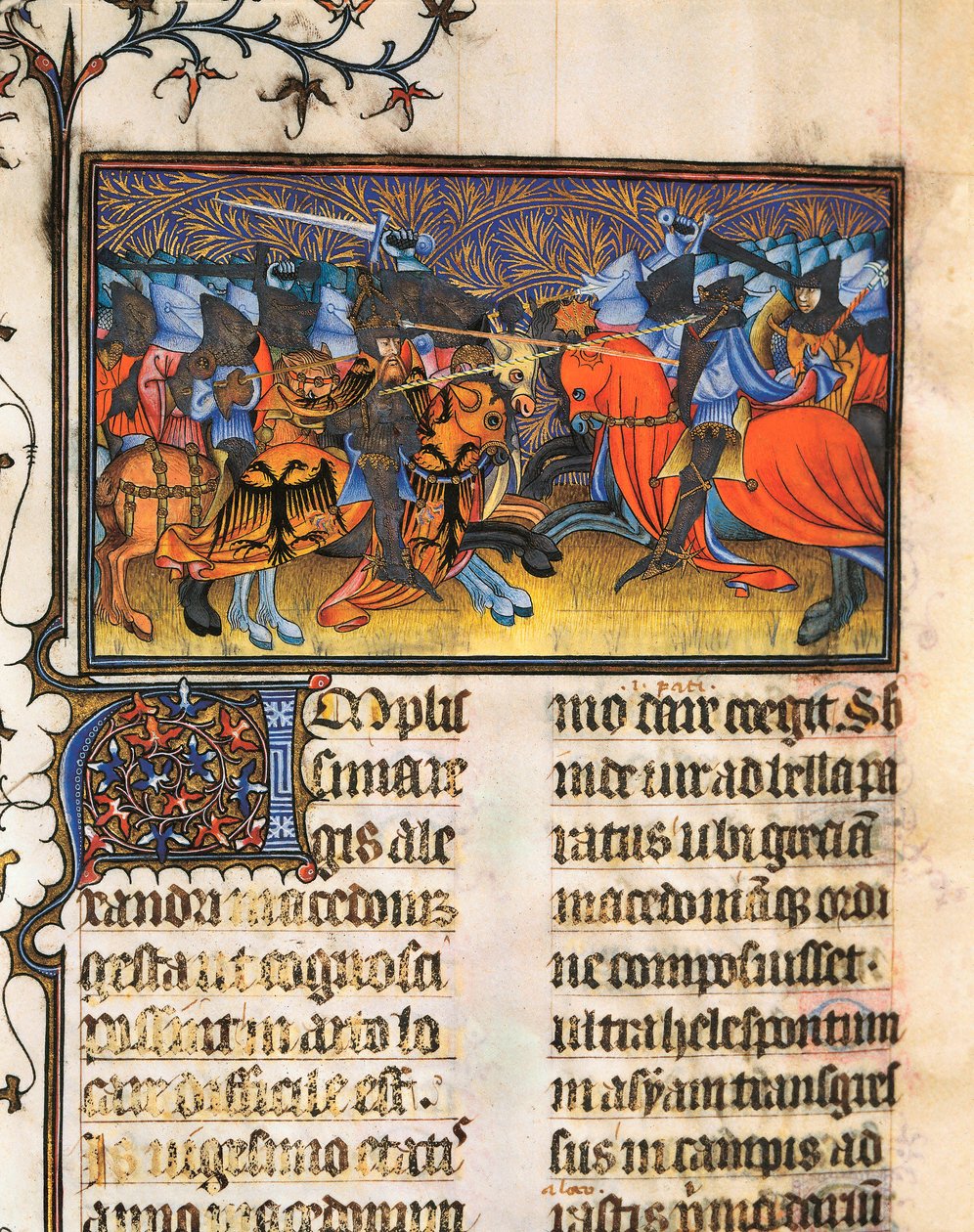 Armékämpe. Miniatyr hämtad från manuskriptet av Francesco Petrarch eller Petrarch (1304-1374) italiensk forskare, poet och humanist, De Viris Illustribus,, 23rv. Valencias universitetsbibliotek. av French School