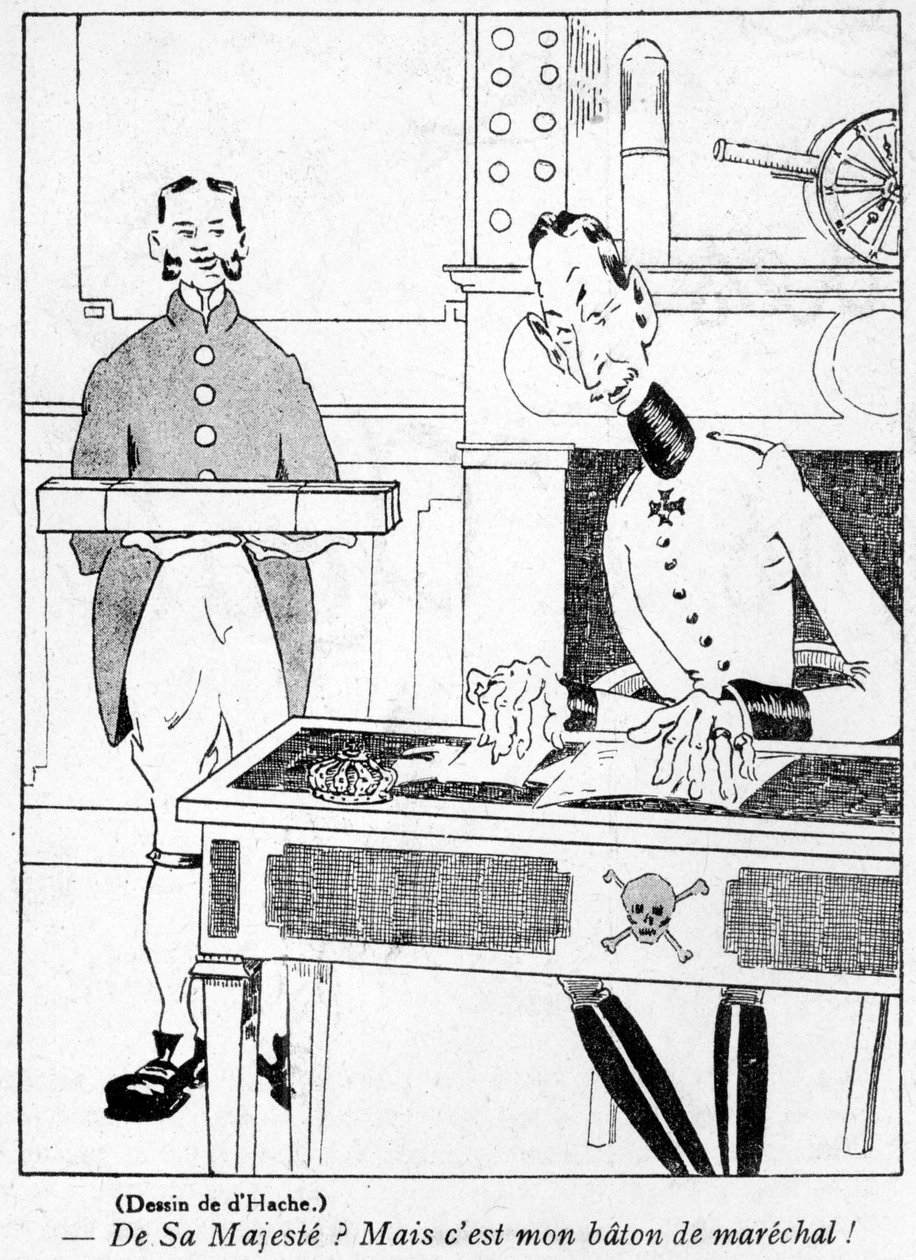 Arméofficer tar emot en Marshals batong från Kaiser, tecknad film från April Fools Day (Poisson dAvril) upplagan av La Baionette magazine, 29 mars 1917 av French School