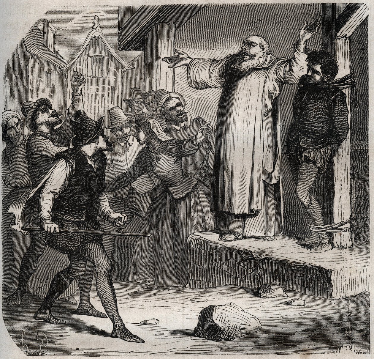 Arnaud du Tilh (Thil) är fäst vid en galge och utsätts för folkmassans förolämpningar innan han avrättades för att han tillskansat sig Martin Guerres identitet (cirka 1524 omkring 1560). Gravyr från 1871 i "Histoire Des Cocuses Celebres"" av Henry de Kock  av French School