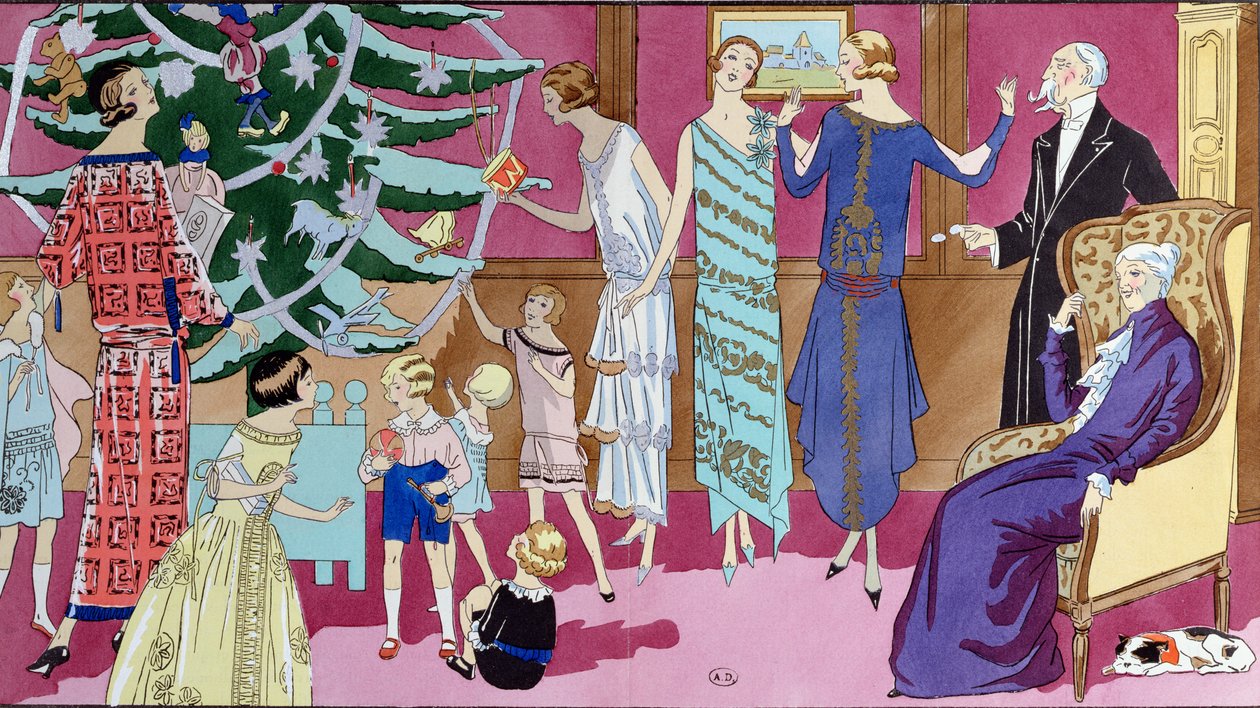 Runt julgranen, modetallrik från tidningen Art Gout Beaute, december 1923 av French School