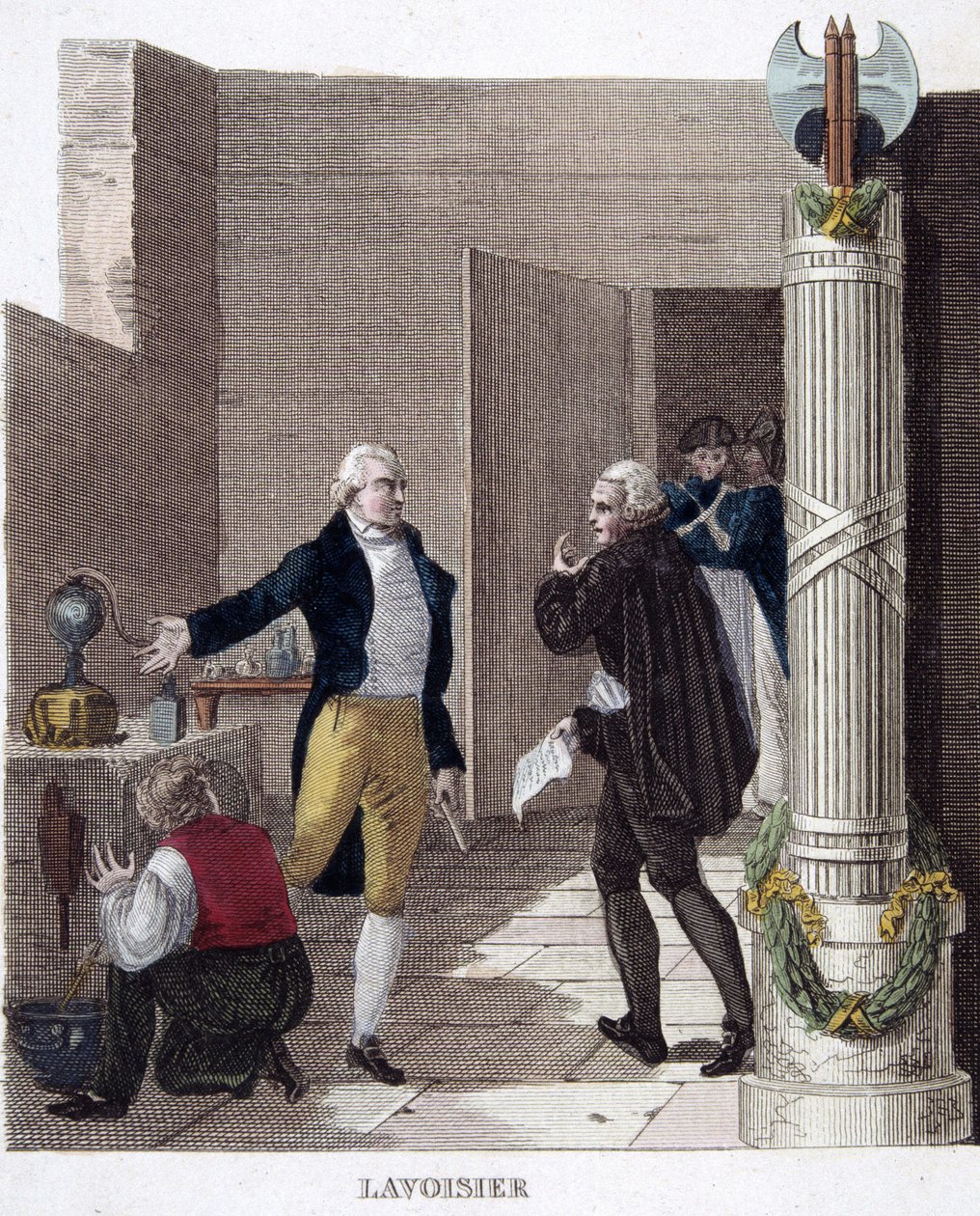 Arrestering av Lavoisier i hans laboratorium. av French School