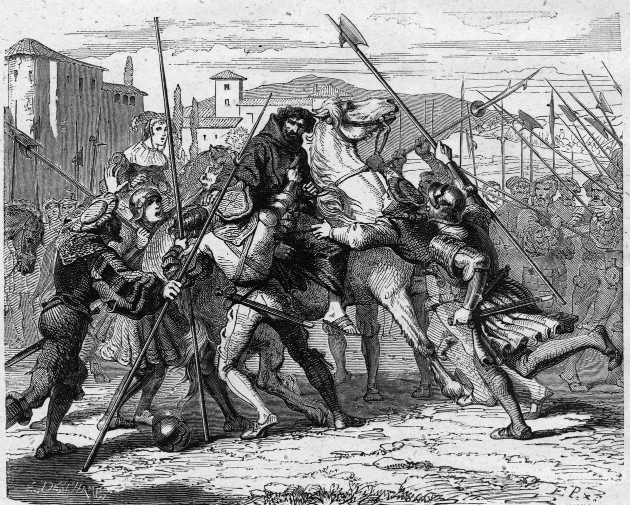 Gripande av Ludovic Marie Sforza dit le More (Ludovico Maria Sforza detto il Moro) (1452-1508) i Milano 1500 förrådd av schweiziska legosoldater, han föll i händerna på den franska armén. Gravyr i "" Histoire De France En Cent-målningar av Paul Lehugeur "" av French School