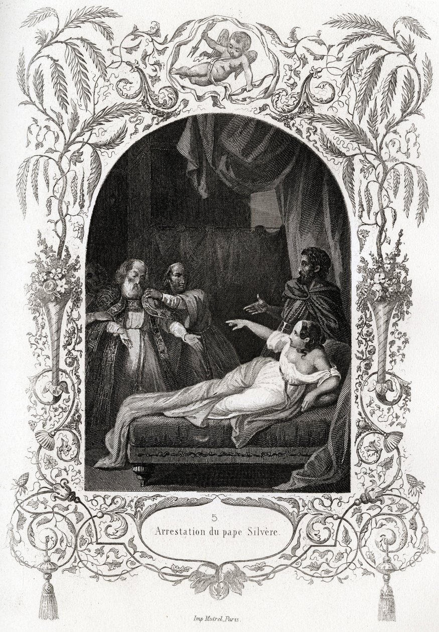Arrestering av påven Silvere (Silverio) (påven från 536 till 537). Gravyr för att illustrera Histoire des popes av Maurice Lachatre (1814-1900), librairie du progres, Paris. av French School