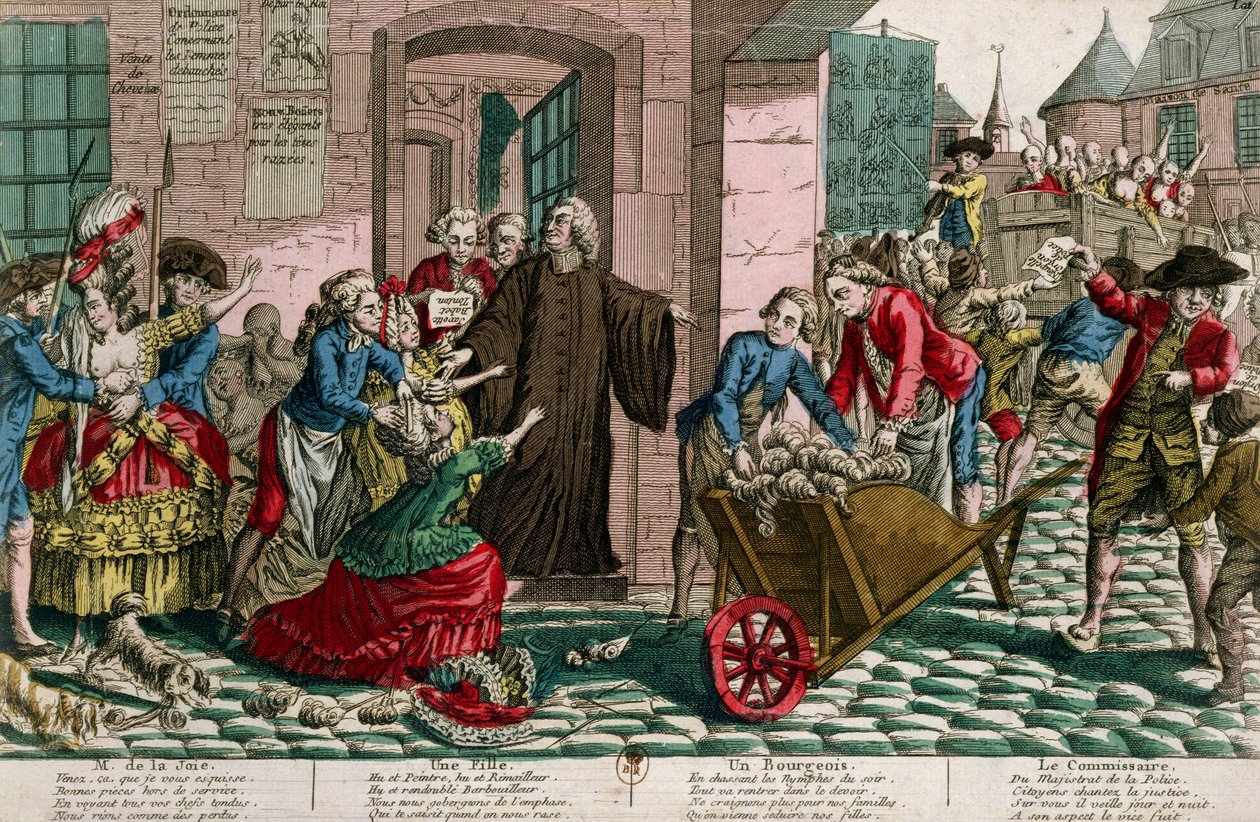 Gripande av prostituerade av polisen i Paris, ca 1759 (färgstick) av French School
