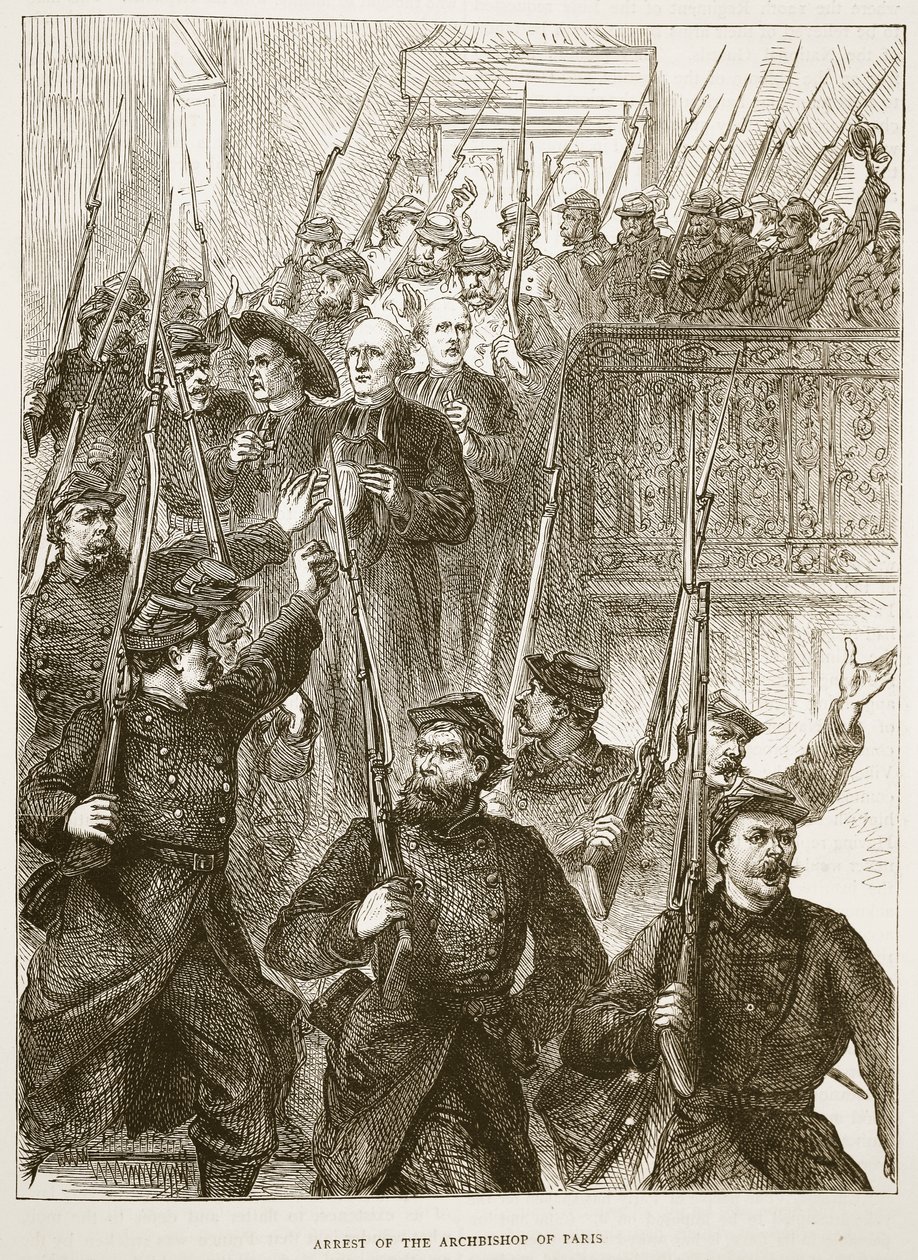 Arrestering av ärkebiskopen av Paris, mars 1871, illustration från Cassells historia om kriget mellan Frankrike och Tyskland, 1870-1871 av French School