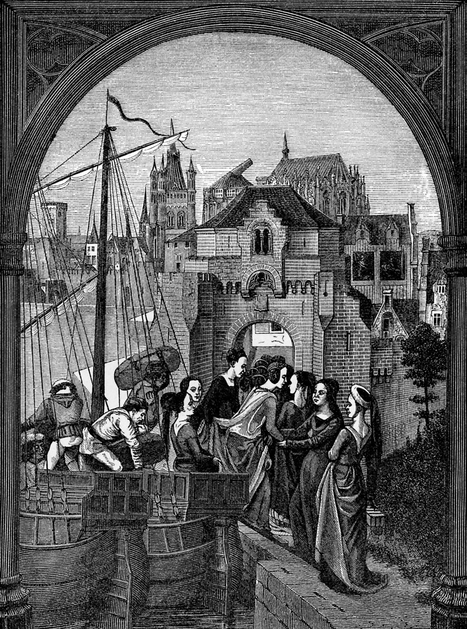"Ankomst till Köln av tyrannen Maximus flotta" av French School